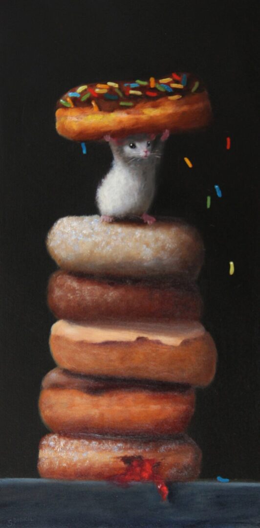 A painting of a mouse on top of a stack of donuts.
