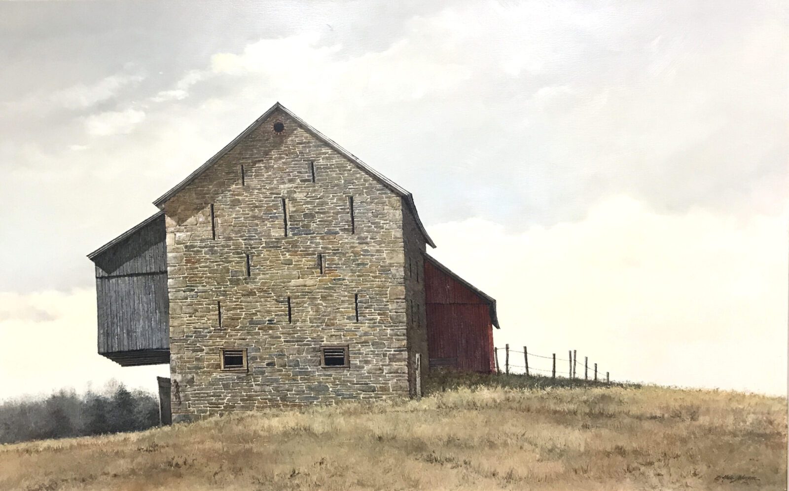 A painting of a barn on a hillside.