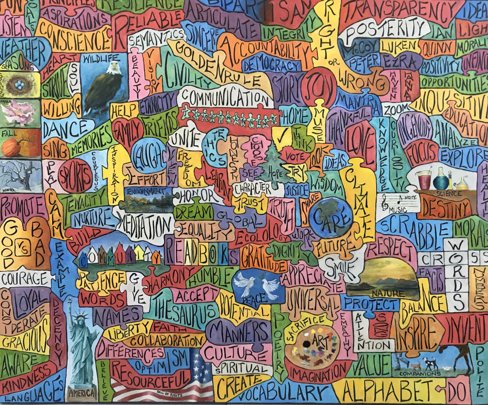 A painting with many different words on it.