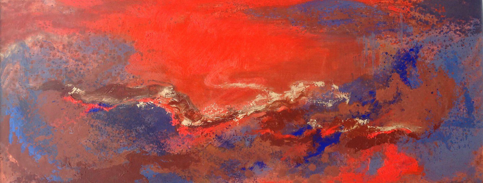 An abstract painting with red and blue colors.