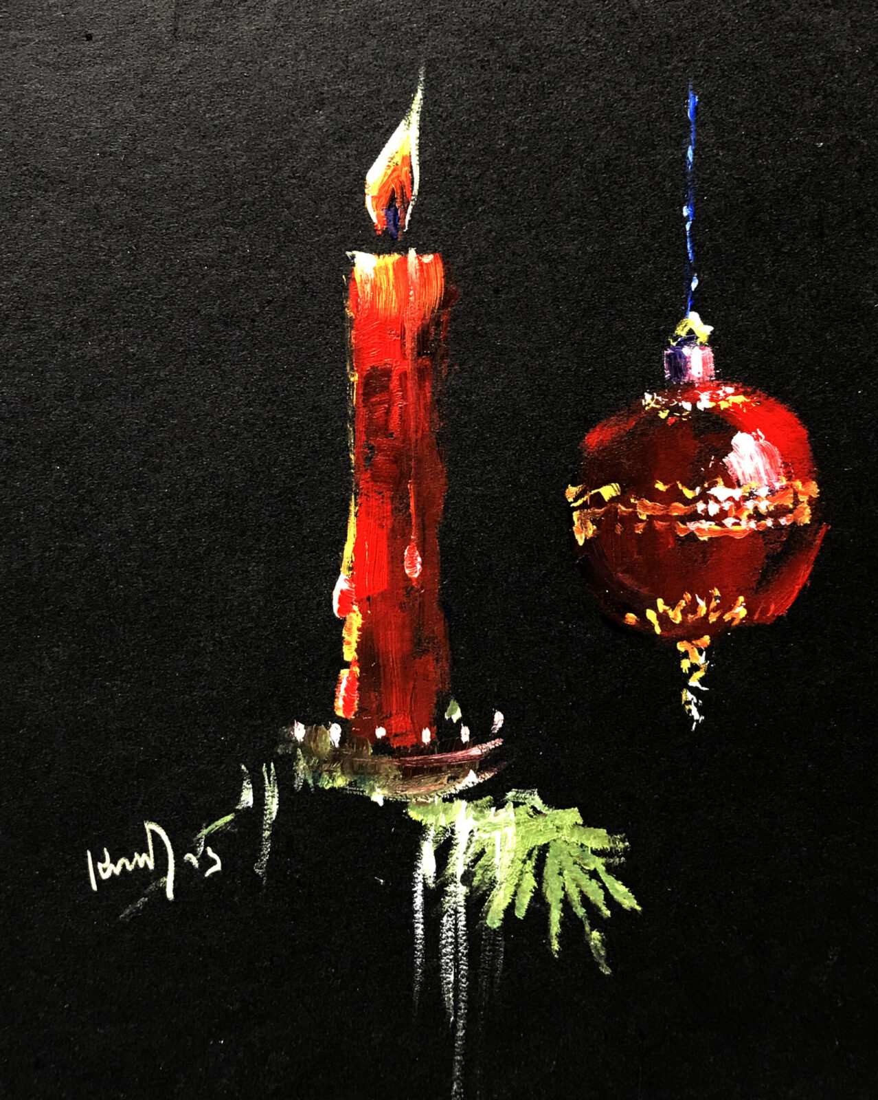 A painting of a candle and a christmas ornament.