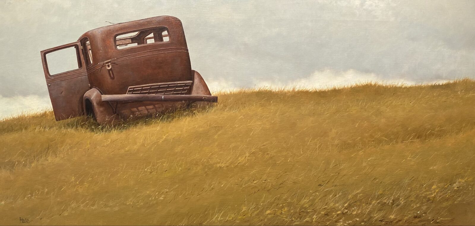 A painting of a rusty truck in a grassy field.