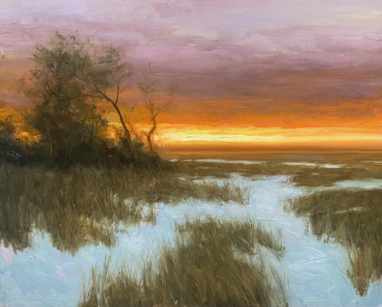 A painting of a marsh at sunset.