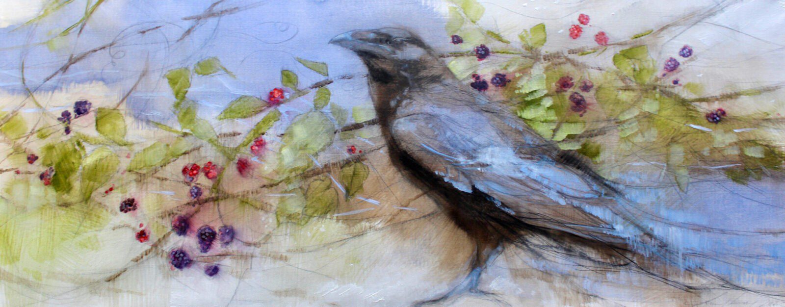 A painting of a crow on a branch with berries.