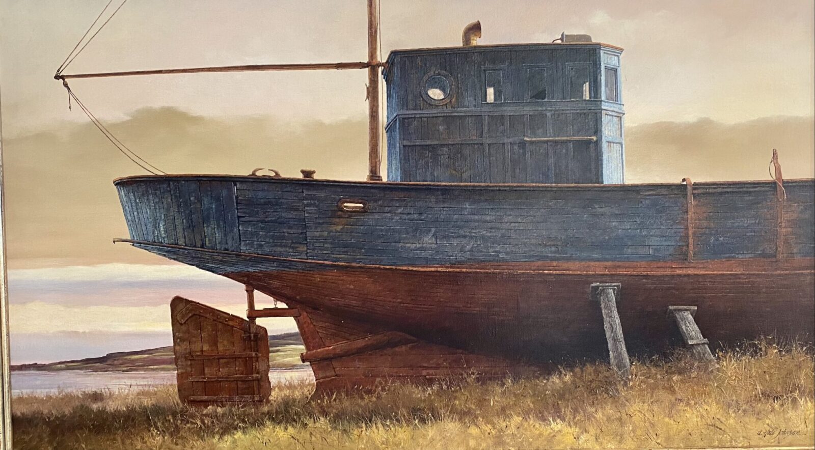 A painting of a blue boat on a grassy field.