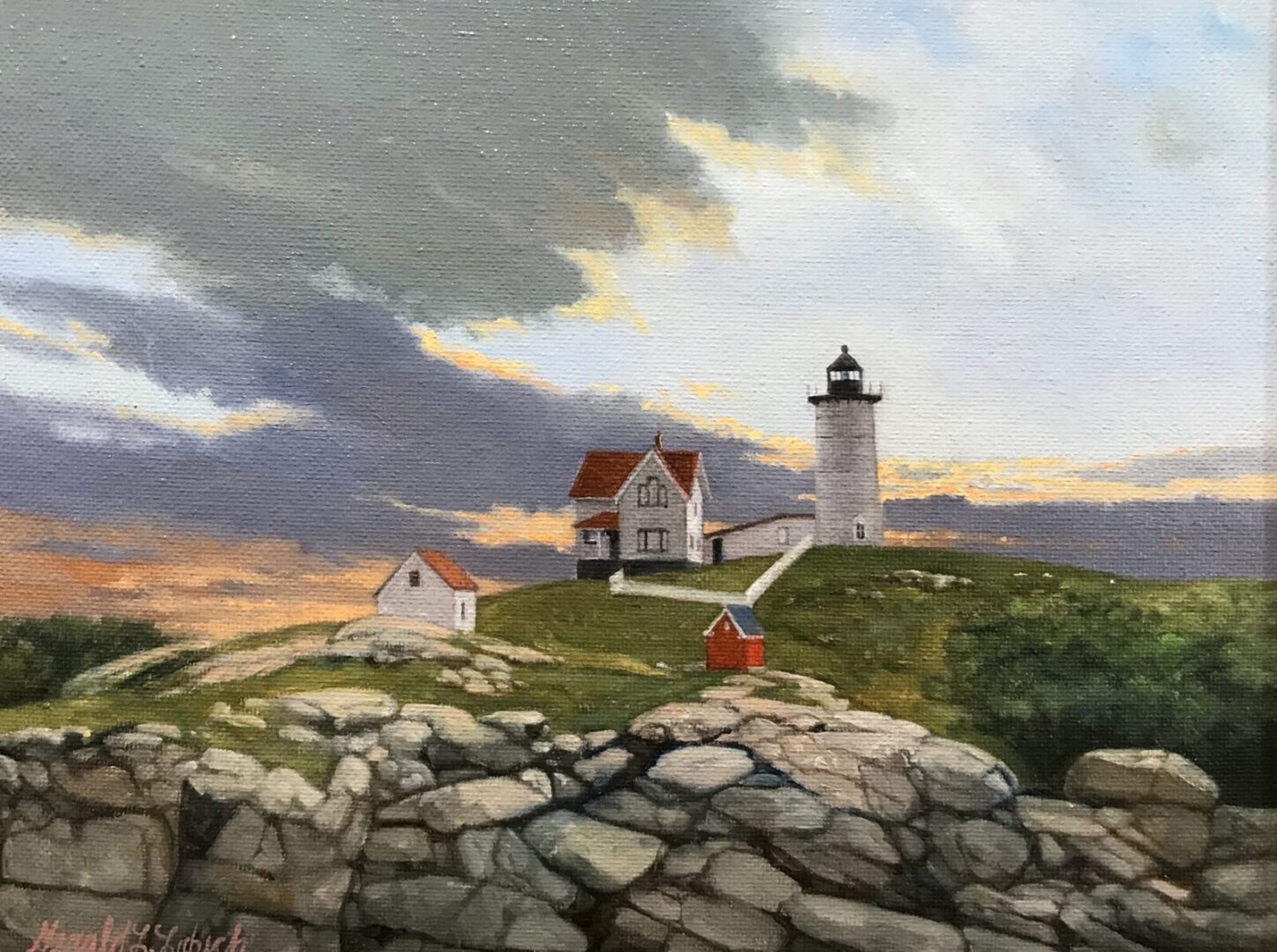 A painting of a lighthouse on top of a hill.