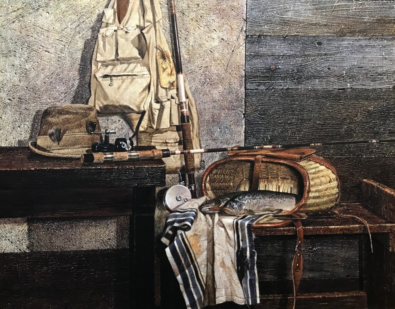 A painting of fishing equipment on a table.
