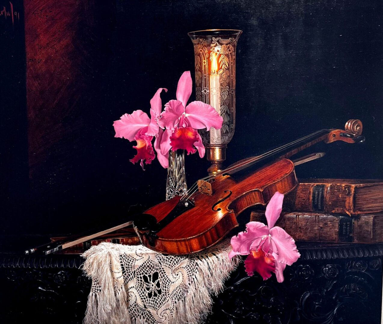 A painting of a violin and flowers on a table.