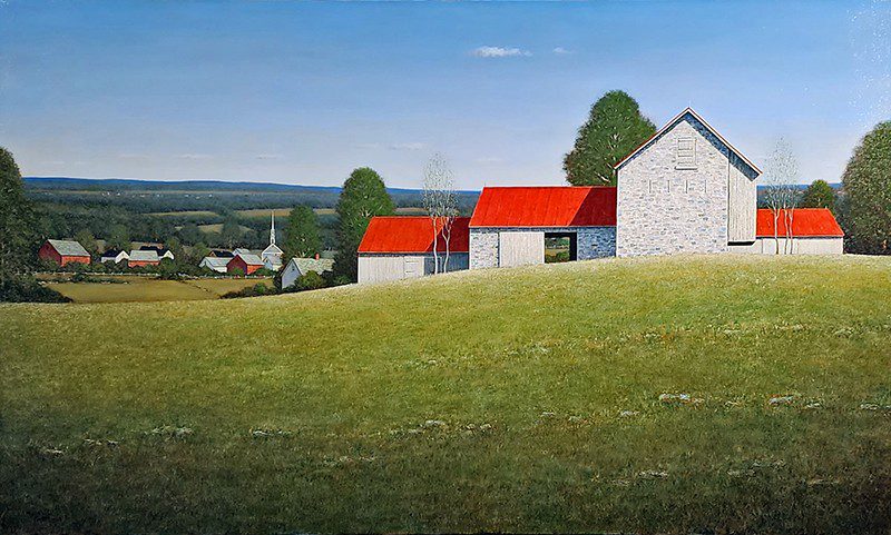 A painting of a farm with a red roof.