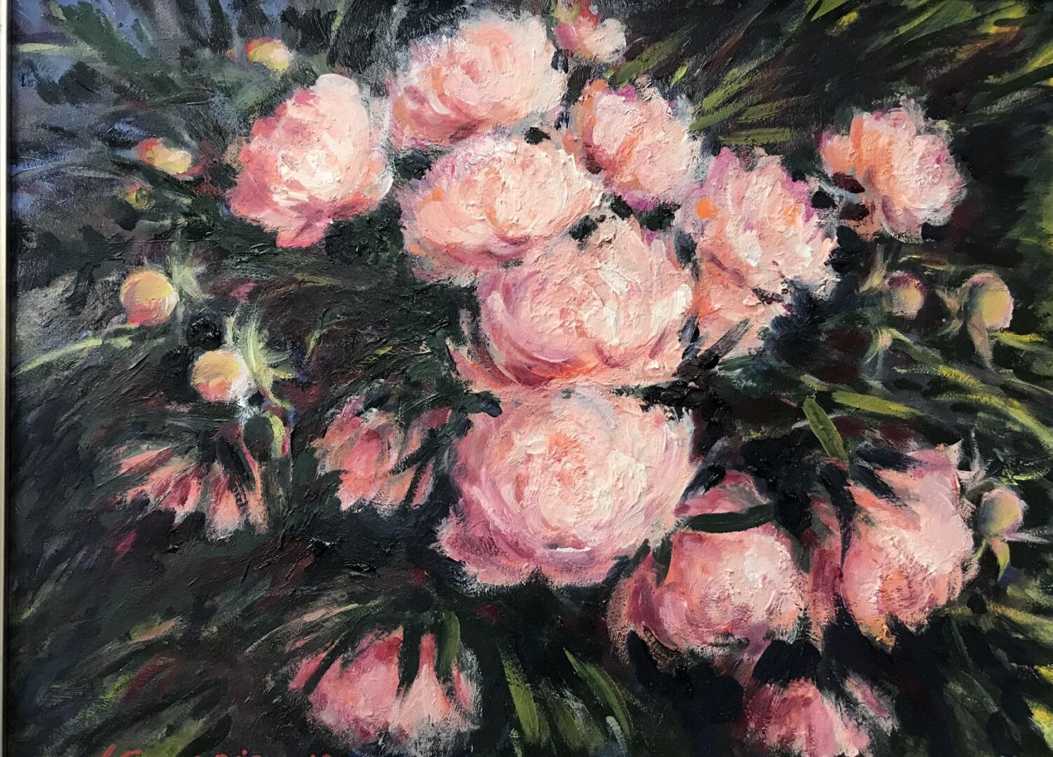 An oil painting of pink peonies.