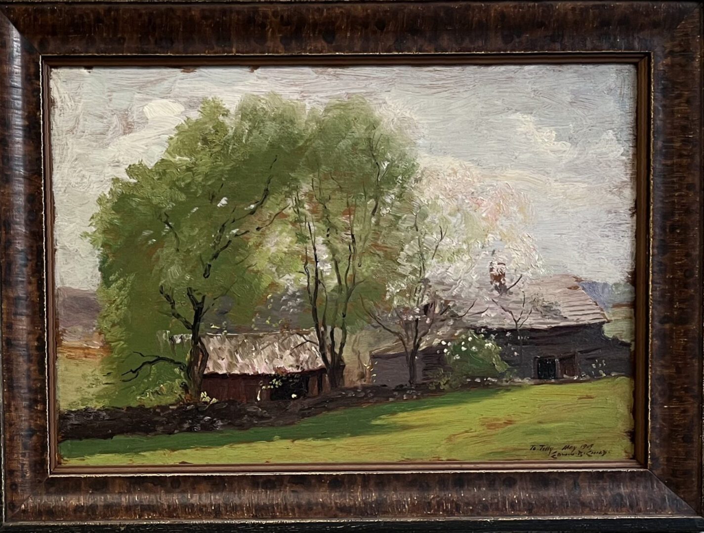 A painting of a farm with trees in the background.