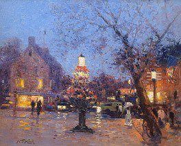 An oil painting of a city at night.