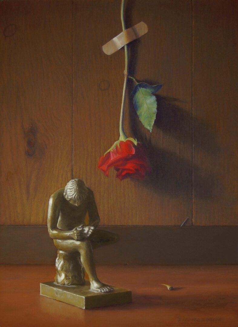 A painting of a statue and a rose.