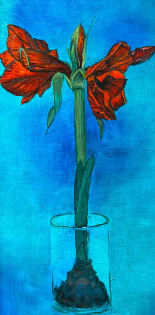 A painting of a red flower in a glass vase.