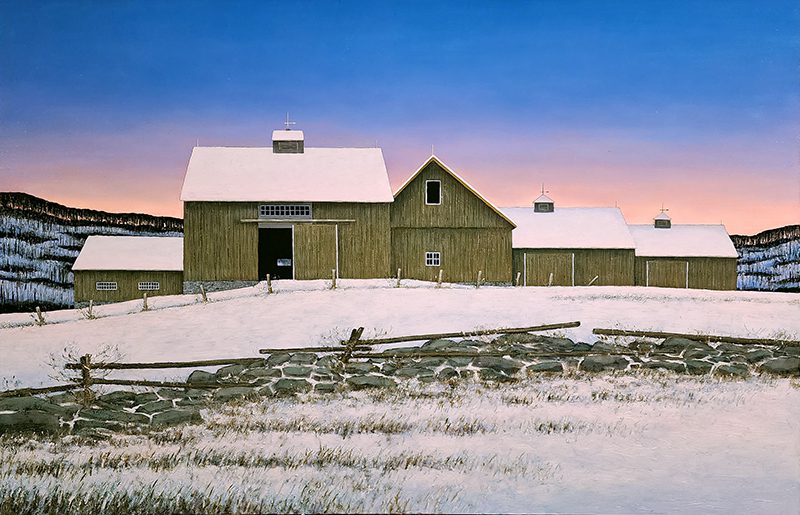 A serene winter scene featuring a barn and outbuildings with a snow-covered landscape at dusk, highlighted by a colorful sky.